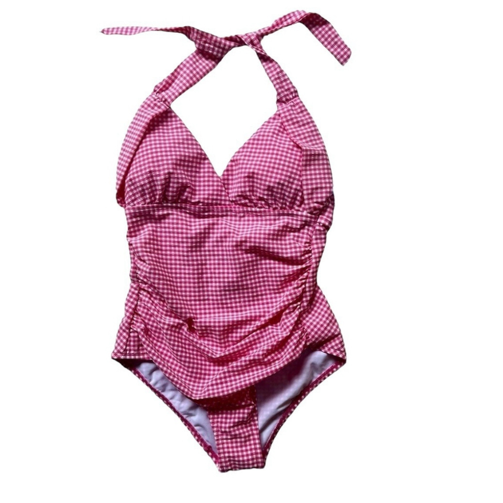 Draper James Halter Womens One-Piece Swimsuit Pink Gingham Seersucker Small NWT